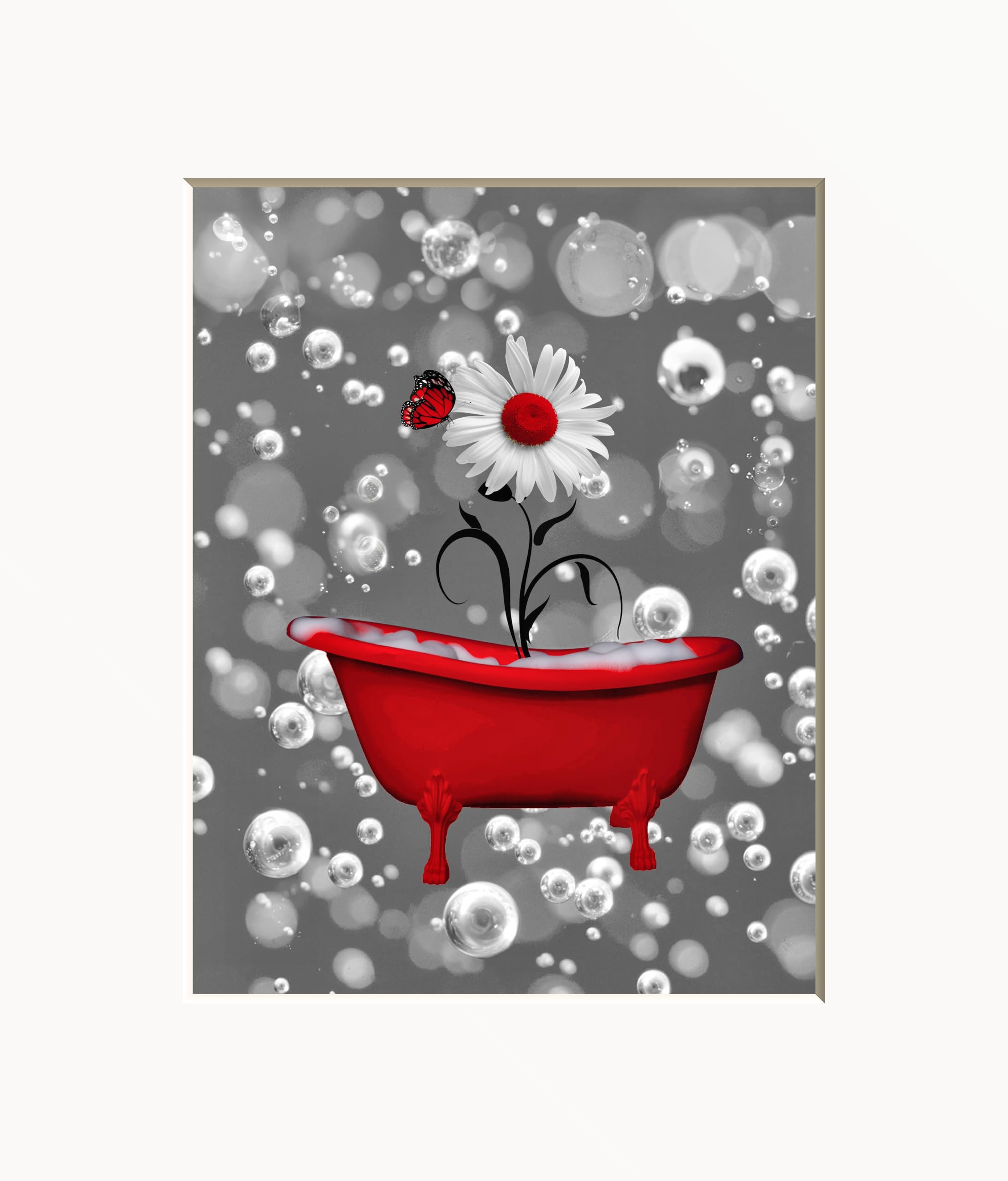 Red Bathroom Decor, Daisy Flowers Bubbles Tub 8x10 Print with 11x14 Mat Bath Red Wall Art Picture