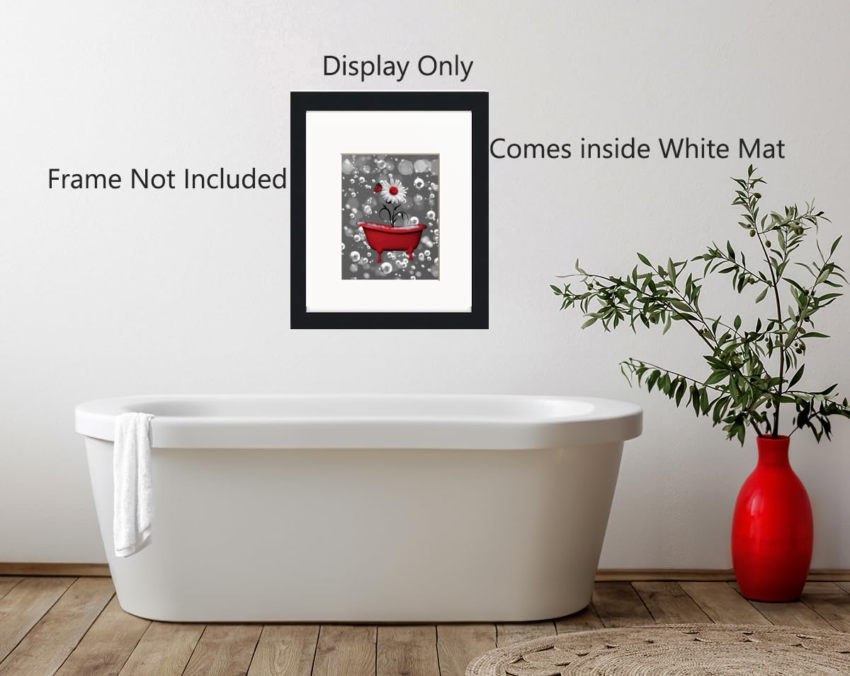 Red Bathroom Decor, Daisy Flowers Bubbles Tub 8x10 Print with 11x14 Mat Bath Red Wall Art Picture