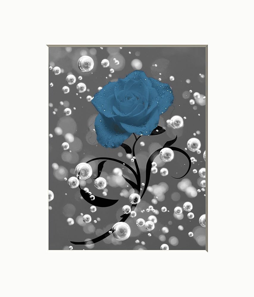 Yellow Rose Flower Bubbles Decorative Bathroom Wall Decor Photography Handmade Matted Wall Art Picture (Blue)