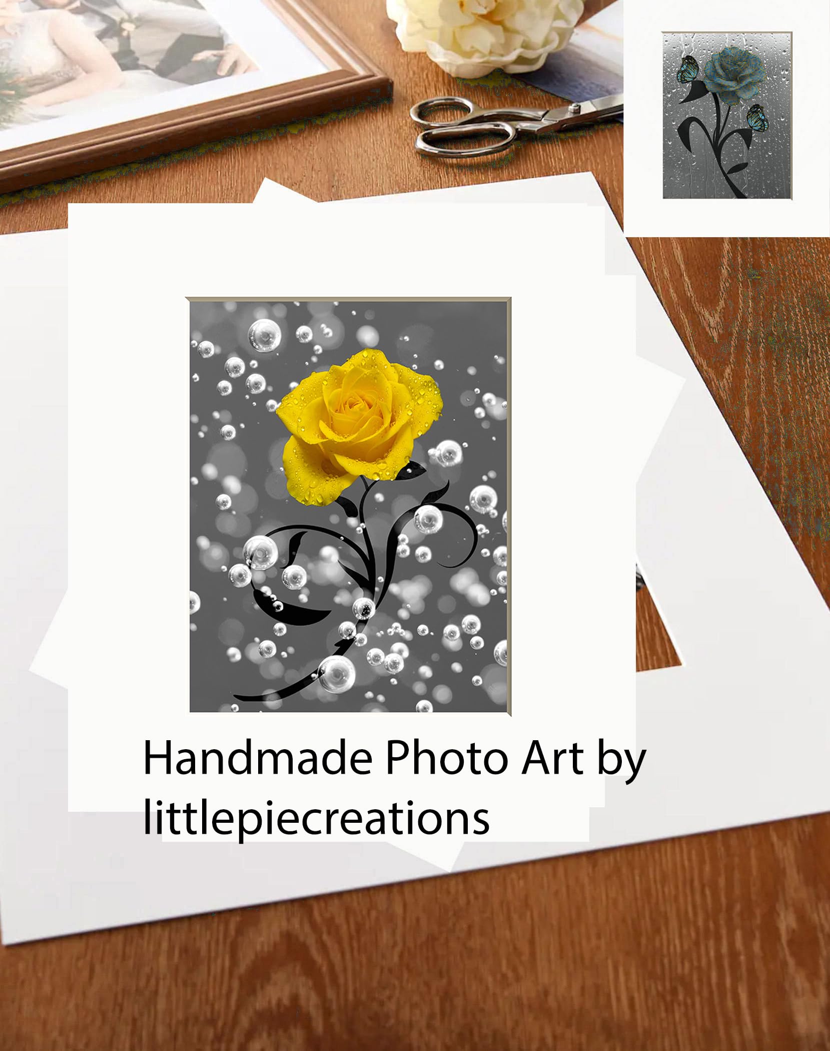 Yellow Rose Flower Bubbles Decorative Bathroom Wall Decor Photography Handmade Matted Wall Art Picture (Blue)