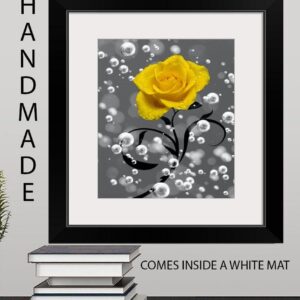 Yellow Rose Flower Bubbles Decorative Bathroom Wall Decor Photography Handmade Matted Wall Art Picture (Blue)