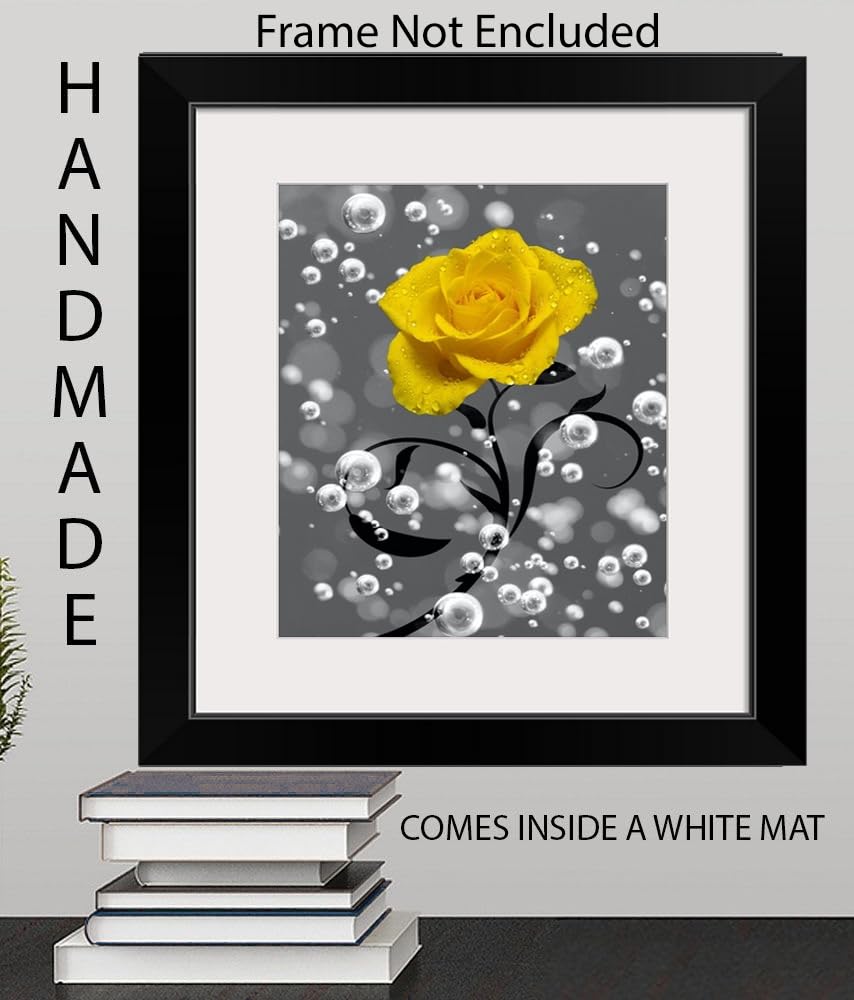 Yellow Rose Flower Bubbles Decorative Bathroom Wall Decor Photography Handmade Matted Wall Art Picture (Blue)