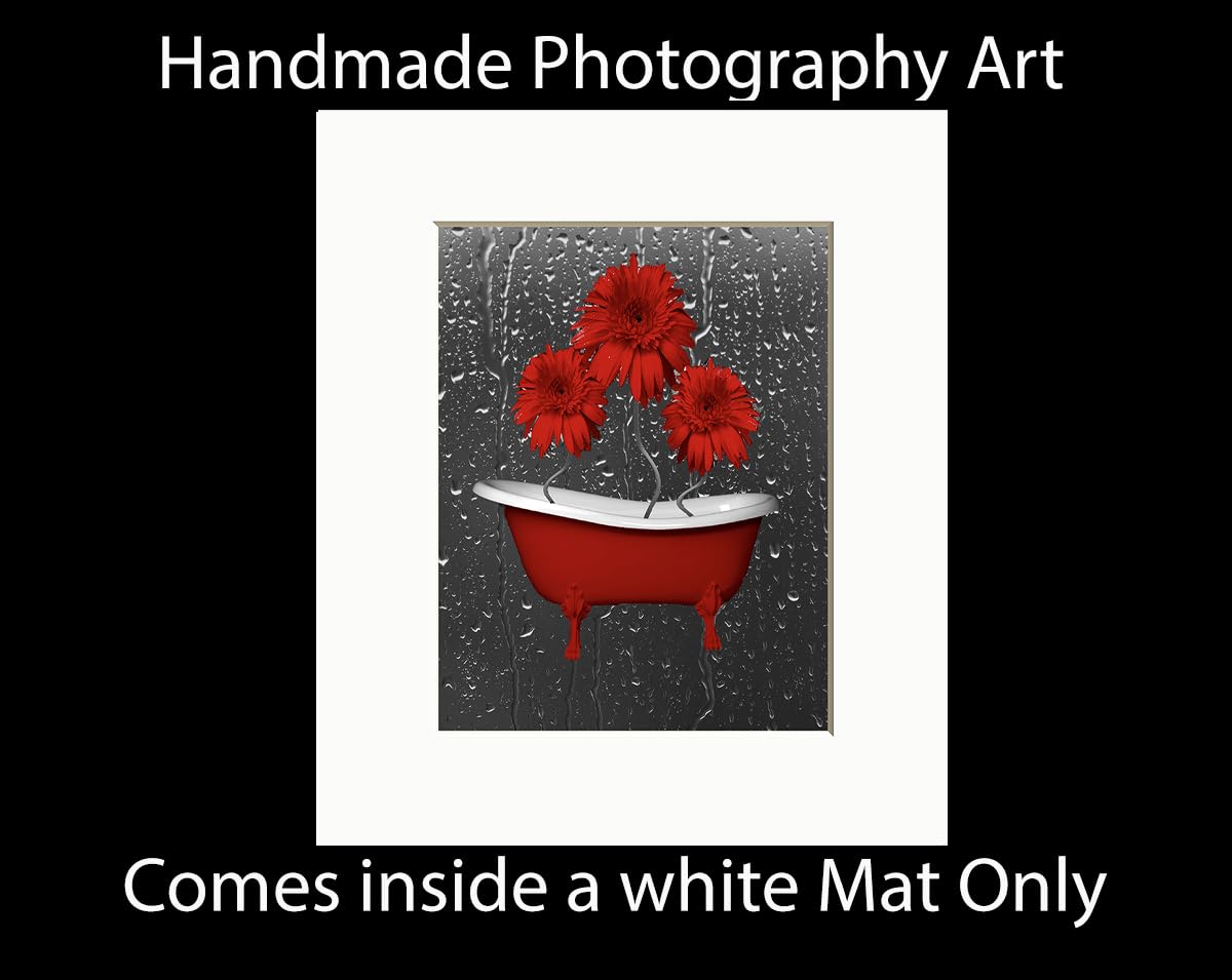 Red Bathroom Decor, Rose Flowers Bubbles Tub 8x10 Print with 11x14 Mat Bath Red Wall Art Picture (Red)