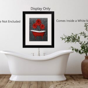 Red Bathroom Decor, Rose Flowers Bubbles Tub 8x10 Print with 11x14 Mat Bath Red Wall Art Picture (Red)