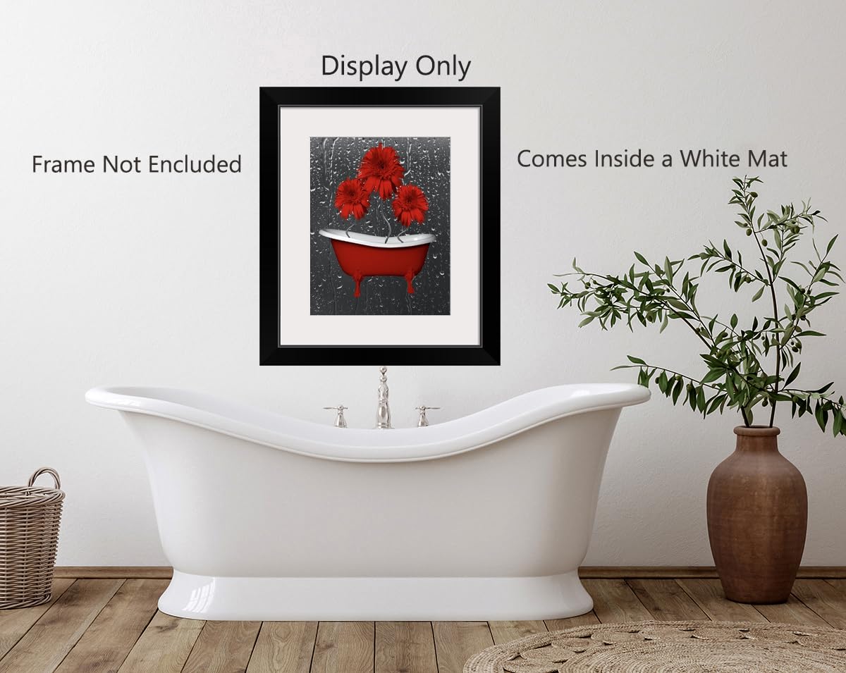 Red Bathroom Decor, Rose Flowers Bubbles Tub 8x10 Print with 11x14 Mat Bath Red Wall Art Picture (Red)