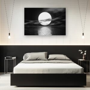 Cao Gen Decor Art S06481 Wall Art Canvas Sea White Full Moon in Night Picture Canvas Poster Print Black and White Ocean for Living Room Bedroom Kitchen Home Decorations Framed Artwork