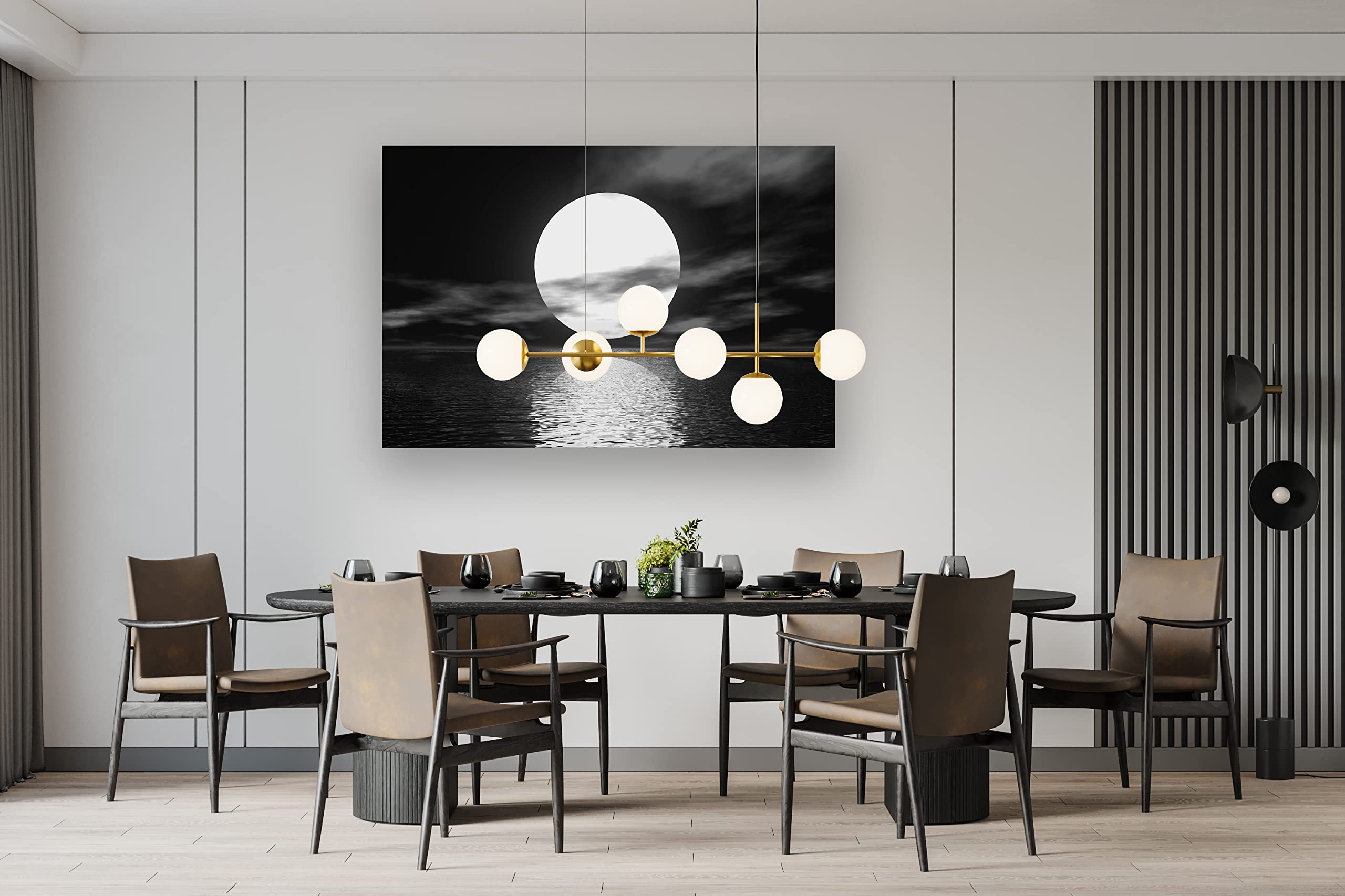 Cao Gen Decor Art S06481 Wall Art Canvas Sea White Full Moon in Night Picture Canvas Poster Print Black and White Ocean for Living Room Bedroom Kitchen Home Decorations Framed Artwork