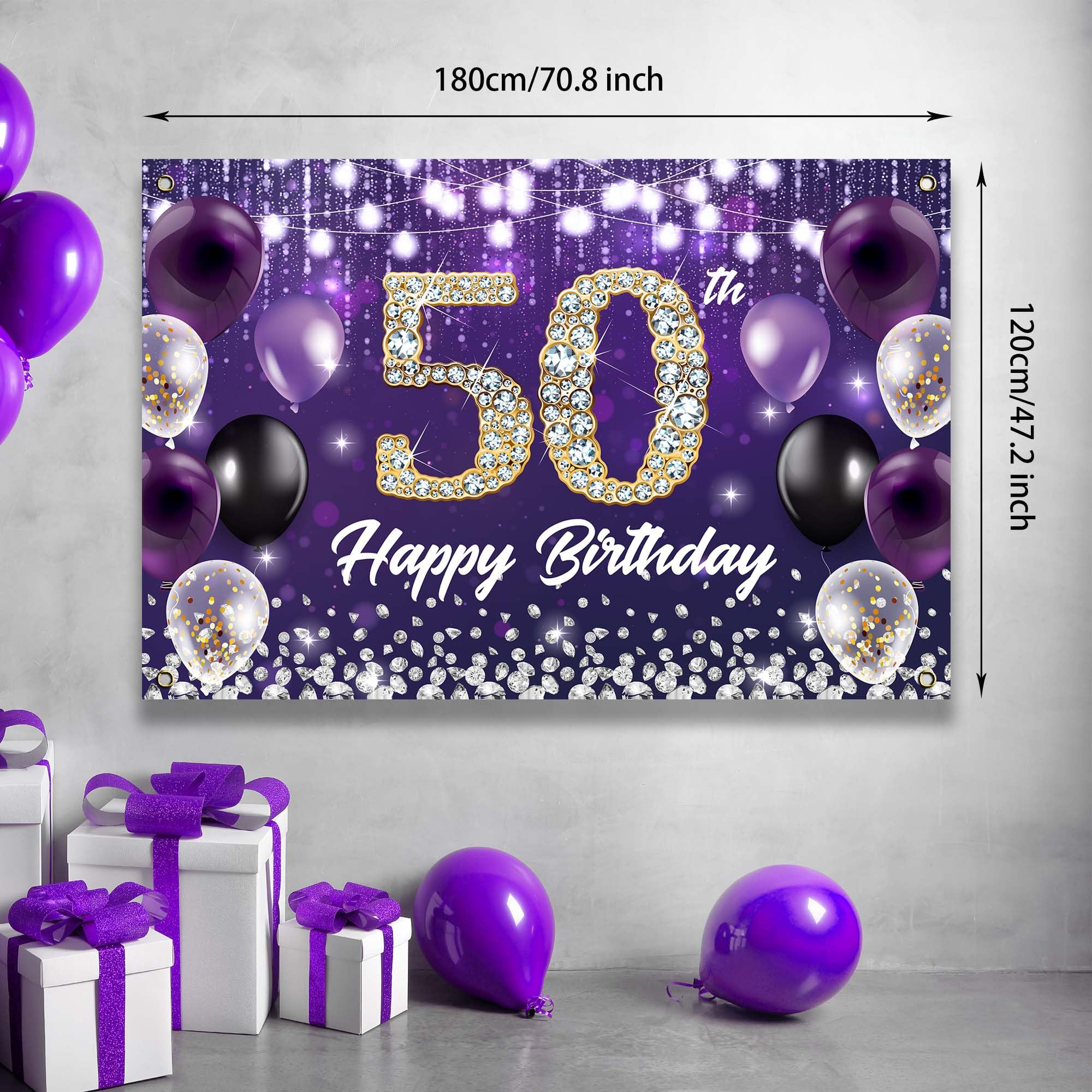 Happy 50th Birthday Backdrop Banner Purple Theme Background with Shiny Diamond Noble Elegant Birthday Party Photo Photography Prop Booth Background for Men Women Celebration 70.8x47.2in-BECKTEN