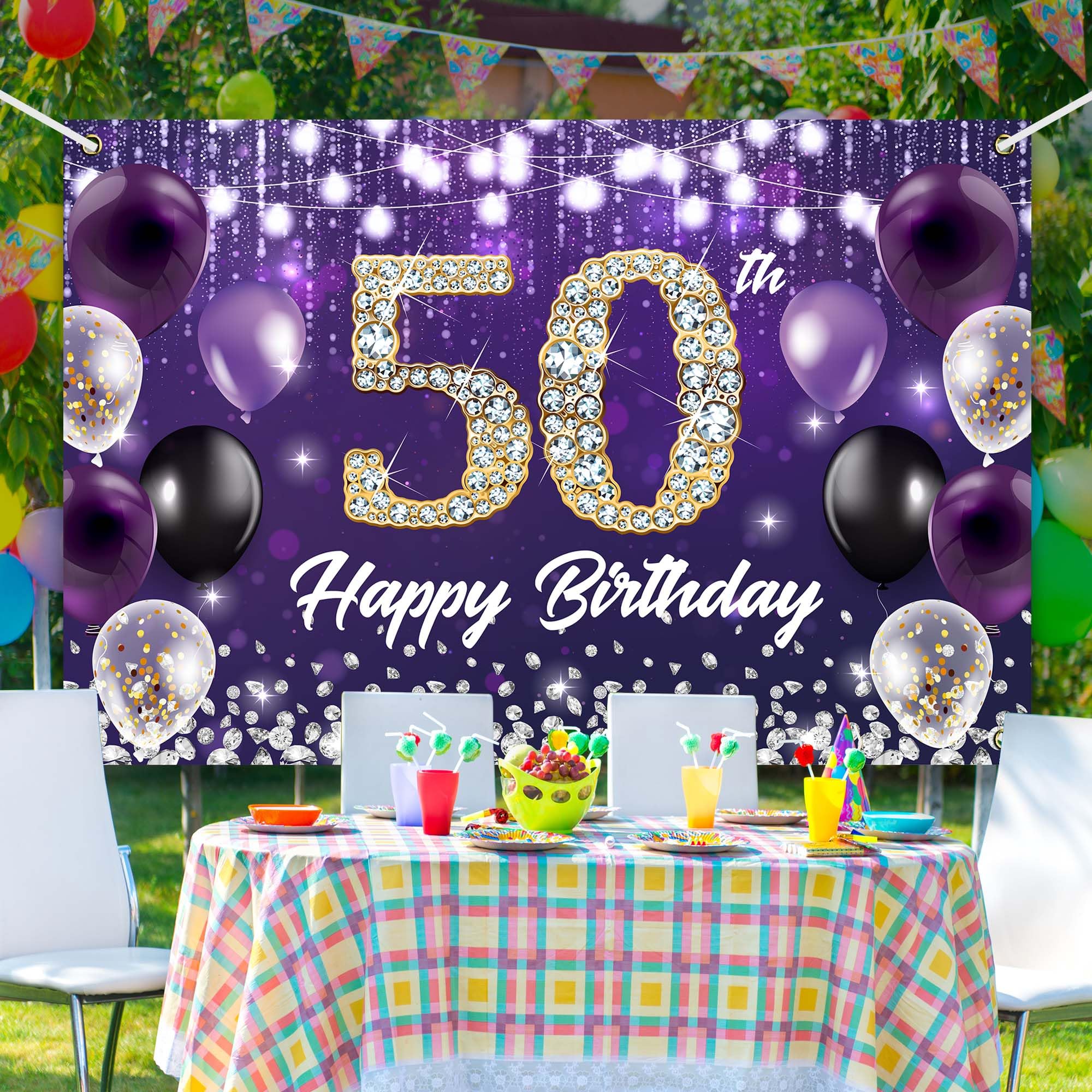 Happy 50th Birthday Backdrop Banner Purple Theme Background with Shiny Diamond Noble Elegant Birthday Party Photo Photography Prop Booth Background for Men Women Celebration 70.8x47.2in-BECKTEN