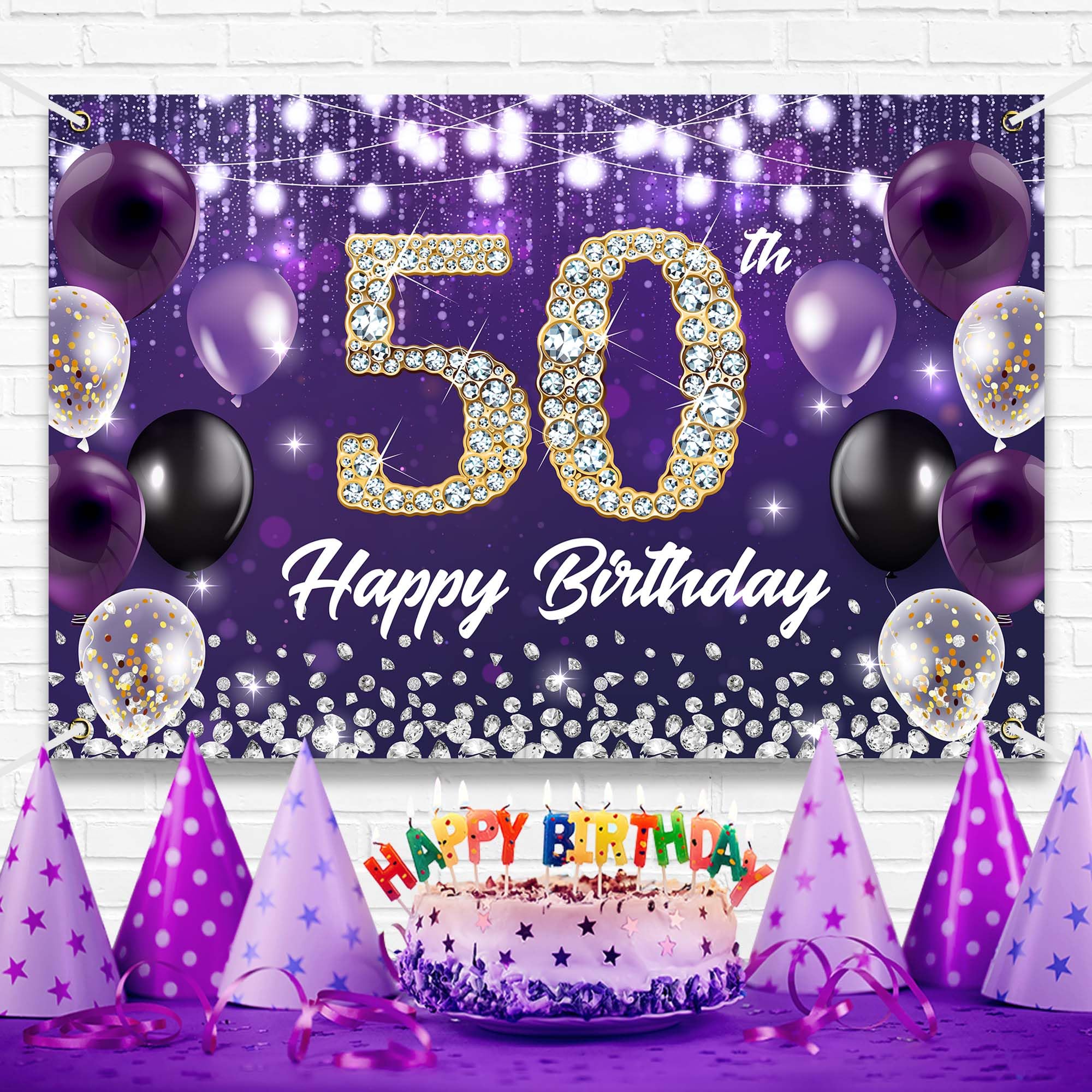 Happy 50th Birthday Backdrop Banner Purple Theme Background with Shiny Diamond Noble Elegant Birthday Party Photo Photography Prop Booth Background for Men Women Celebration 70.8x47.2in-BECKTEN