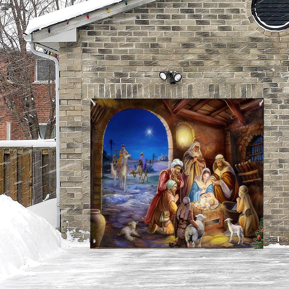 7X 8FT Christmas Garage Door Banner Cover Decoration Mural Sign Décor Large Christmas Nativity Scene Backdrop Background Sign for Christmas Holiday Party (B)