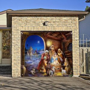 7x 8ft christmas garage door banner cover decoration mural sign décor large christmas nativity scene backdrop background sign for christmas holiday party (b)