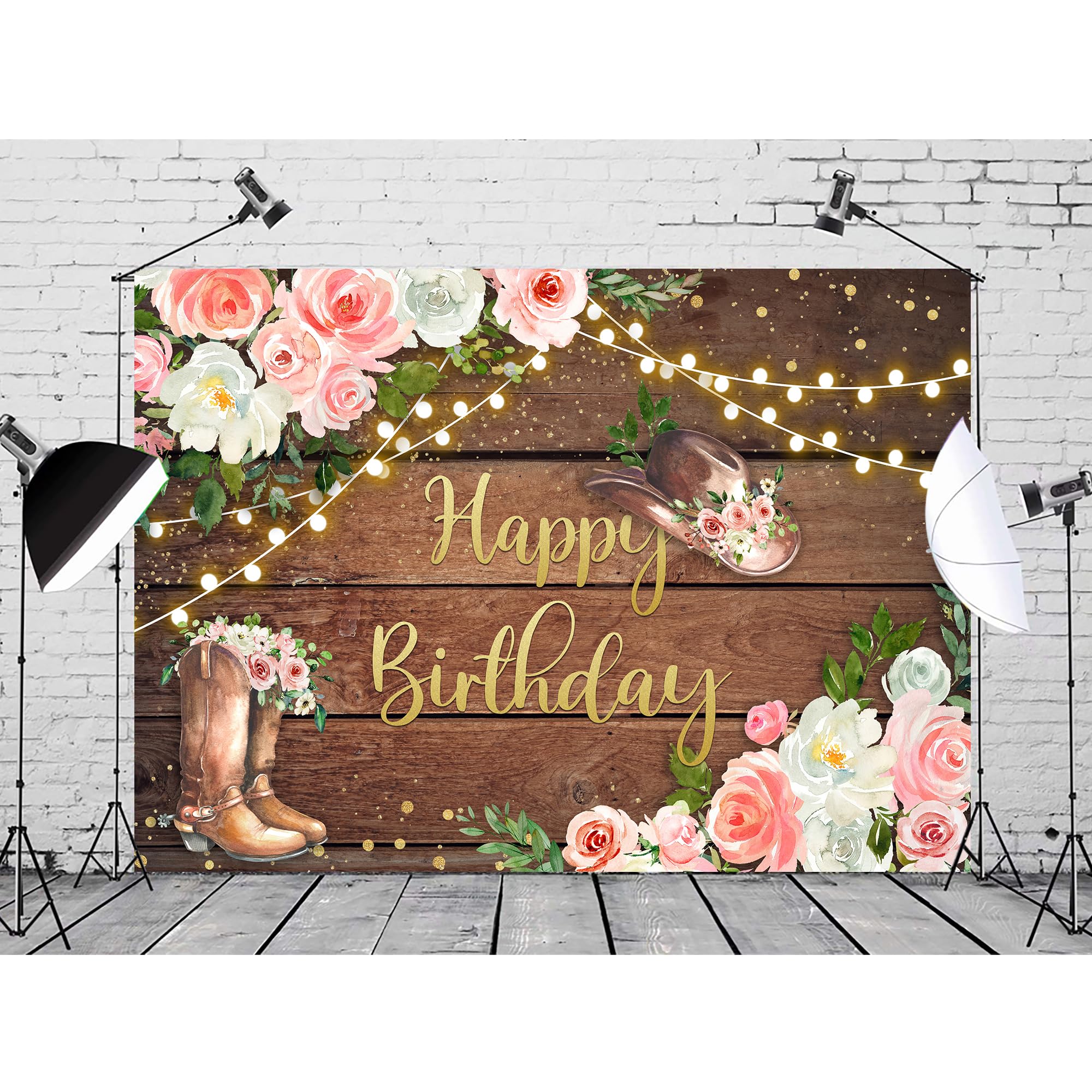 SVBright Cowgirl Birthday Backdrop 8Wx6H Western Rustic Country Wooden Plank Pink Flower Floral Happy Birthday Baby Shower Hat Plant Decorations Photography Background Banner Photo Booth Studio