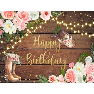 SVBright Cowgirl Birthday Backdrop 8Wx6H Western Rustic Country Wooden Plank Pink Flower Floral Happy Birthday Baby Shower Hat Plant Decorations Photography Background Banner Photo Booth Studio