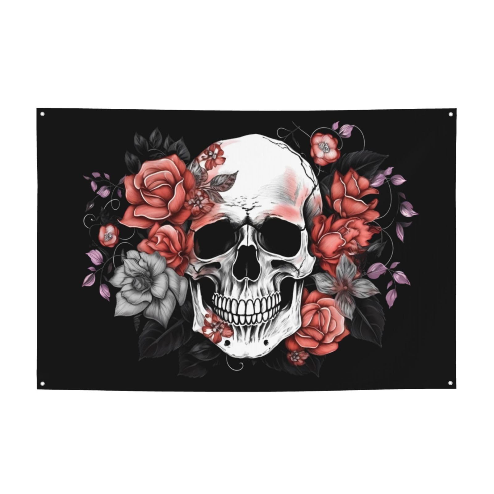 Large Skull and Floral Banner 47x71 Inches, Outdoor Party Wall Decorations Gifts, Pink Flowers Indoor Theme Hanging Backdrops for Photography Supplies