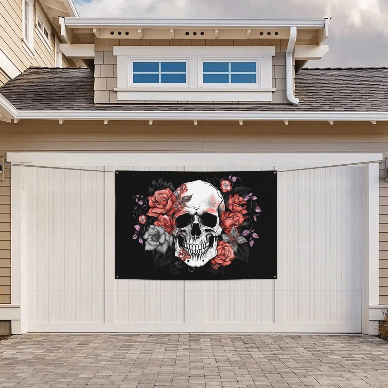 Large Skull and Floral Banner 47x71 Inches, Outdoor Party Wall Decorations Gifts, Pink Flowers Indoor Theme Hanging Backdrops for Photography Supplies