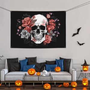 Large Skull and Floral Banner 47x71 Inches, Outdoor Party Wall Decorations Gifts, Pink Flowers Indoor Theme Hanging Backdrops for Photography Supplies