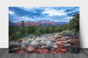 western wall art (ready to hang) metal print of red rocks and desert landscape on chilly spring evening near sedona arizona nature photography southwestern decor (24" x 36")