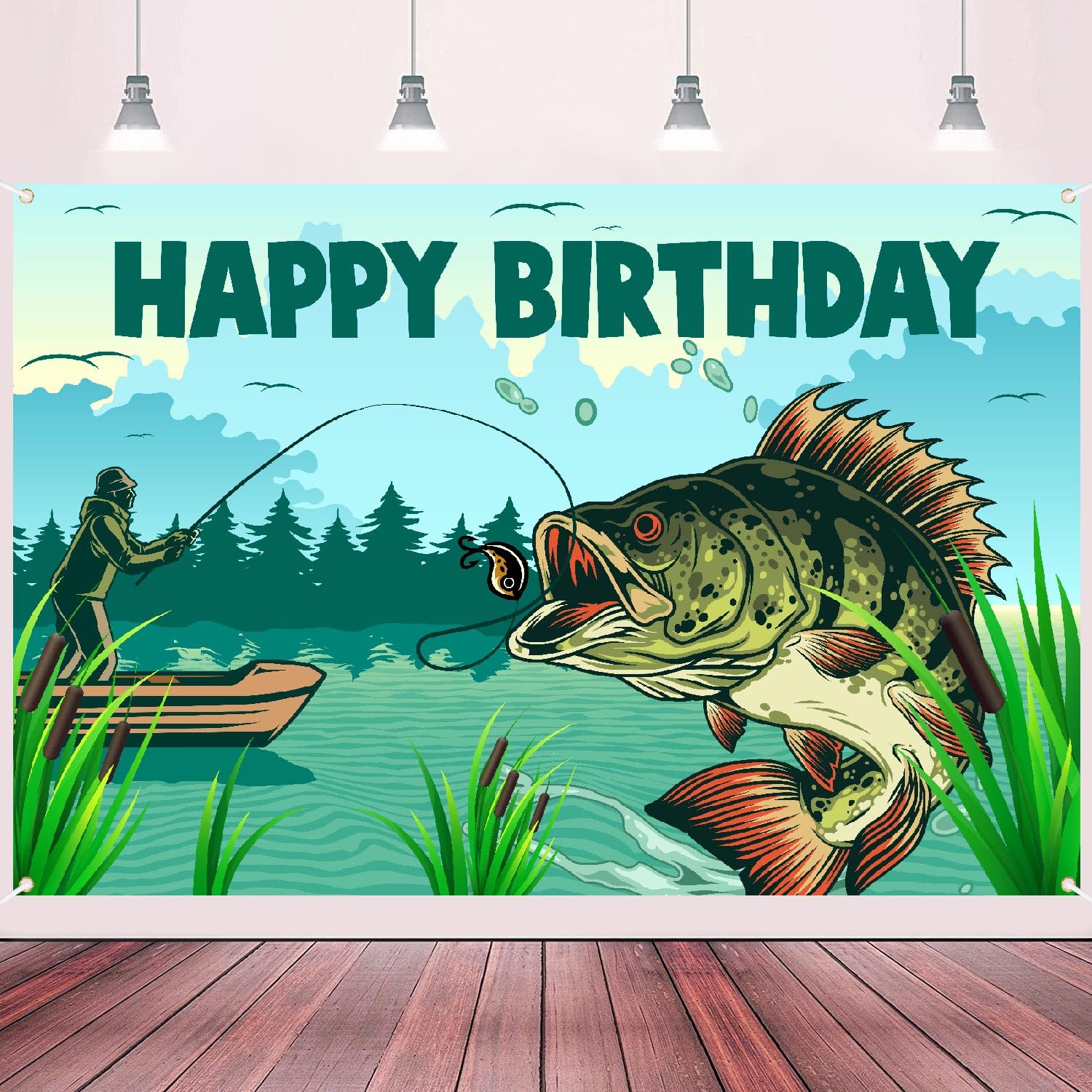 Fishing Man Lake Pole Fish Mouth Happy Birthday Backdrop Banner Love Gone Fishing Fish Fisherman Decor for Retirement Baby Shower Party Photo Photography Prop Booth Background 70.9x47.2in-BECKTEN