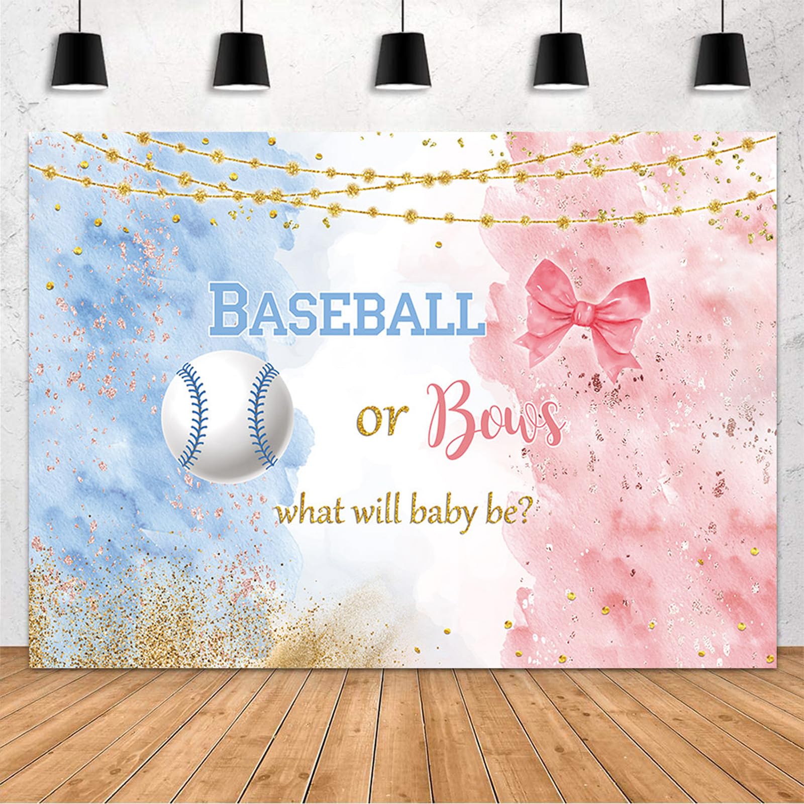 MEHOFOND 7x5ft Baseball or Bows Gender Reveal Backdrop Baseball or Bows Party Decoration Baby Shower Photography Background Watercolor Blue or Pink He or She Pregnancy Reveal Surprise Party Banner