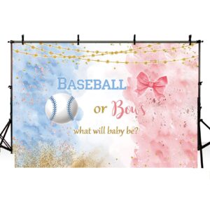 MEHOFOND 7x5ft Baseball or Bows Gender Reveal Backdrop Baseball or Bows Party Decoration Baby Shower Photography Background Watercolor Blue or Pink He or She Pregnancy Reveal Surprise Party Banner