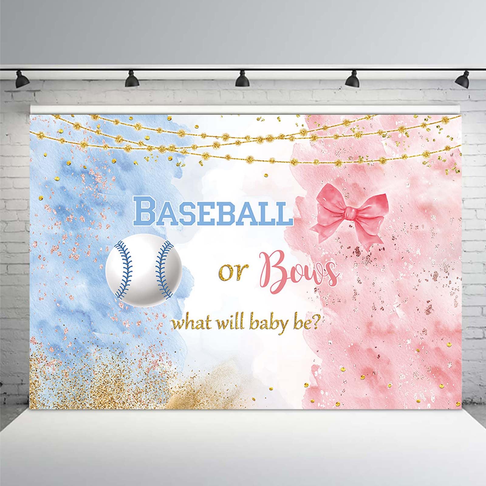 MEHOFOND 7x5ft Baseball or Bows Gender Reveal Backdrop Baseball or Bows Party Decoration Baby Shower Photography Background Watercolor Blue or Pink He or She Pregnancy Reveal Surprise Party Banner