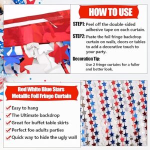 2 Pack 3.2ft x 6.6ft Red White Blue Stars Metallic Foil Fringe Curtain, Tinsel Curtains Streamers Photo Props Backdrop for 4th of July, Independence Day, Memorial, Veterans Day Party Decorations