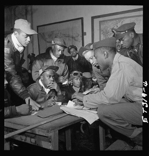 Photo: Tuskegee Airmen, Ramitelli, Italy, March 1945, Jimmie Wheeler, Emile Clifton, Reeves . Size: