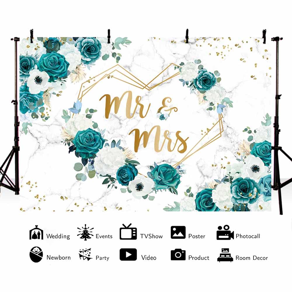 AIBIIN 7x5ft Green Mr and Mrs Floral Backdrop Teal Wedding Photography Background Heart Geometric Marble Flowers Bridal Shower Banner Women Bride to Be Couple Engagement Party Cake Smash Photo Props