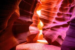 antelope canyon photography print (not framed) picture of slot canyon walls shaped as hourglass leading to sunlight desert wall art southwestern decor (5" x 7")