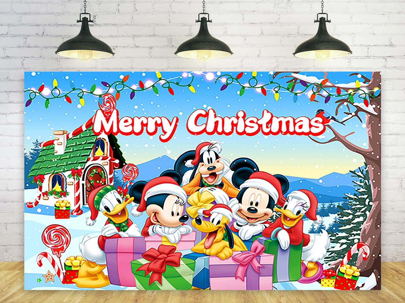 Merry Christmas Backdrop for Mickey Mouse Christmas Party Decorations Christmas House Background for Party Cake Table Decorations Xmas Theme Banner 5x3ft