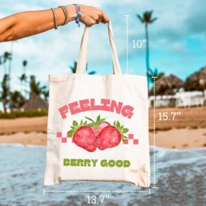 GXVUIS Feeling Berry Good Canvas Tote Bag for Women Aesthetic Cute Strawberry Reusable Grocery Shopping Bags Girls Gifts White