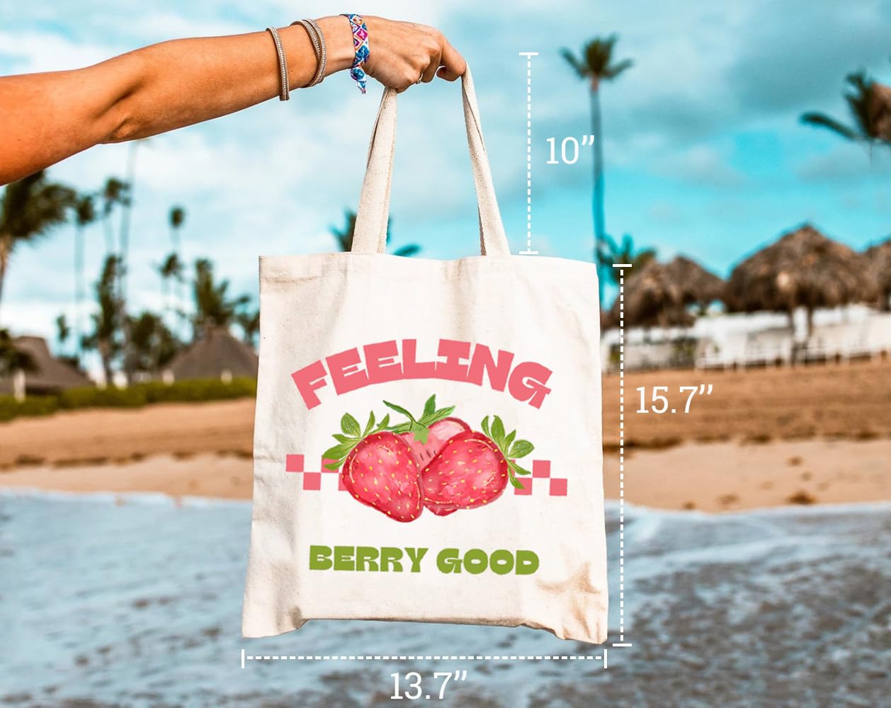 GXVUIS Feeling Berry Good Canvas Tote Bag for Women Aesthetic Cute Strawberry Reusable Grocery Shopping Bags Girls Gifts White