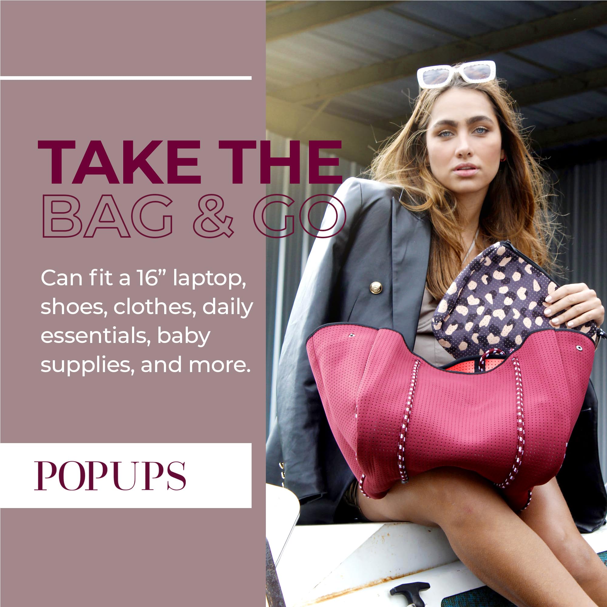 POPUPS Neoprene Large Tote Bags, Berry - Lightweight and Water-Resistant Neoprene Bag