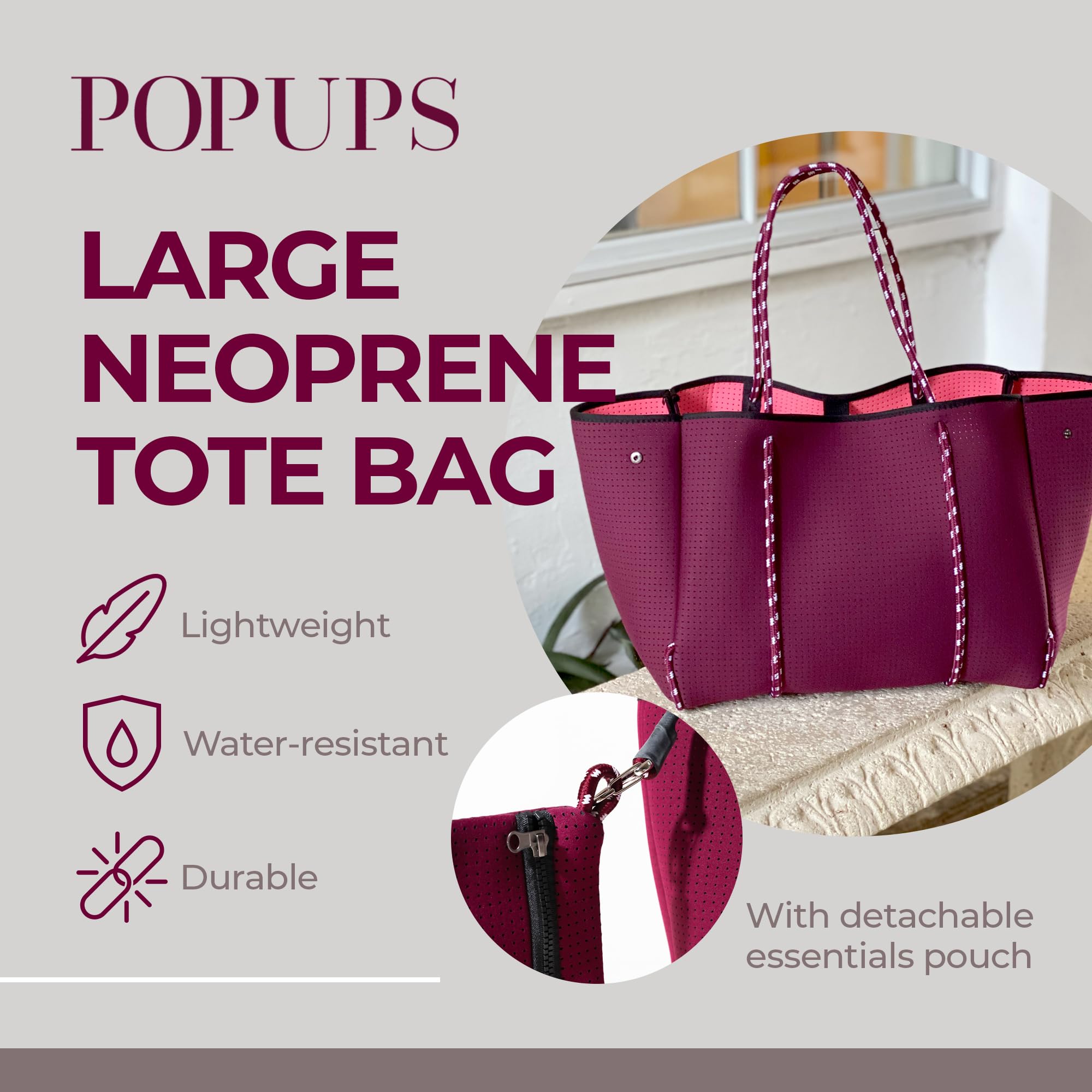 POPUPS Neoprene Large Tote Bags, Berry - Lightweight and Water-Resistant Neoprene Bag