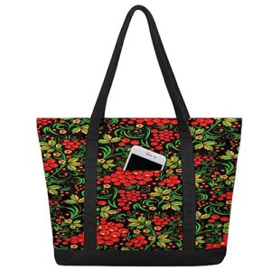 bisibuy red berries tote bag tote bag for women reusable grocery shopping cloth bags with zipper large capacity foldable handbag gym bag for gift activity