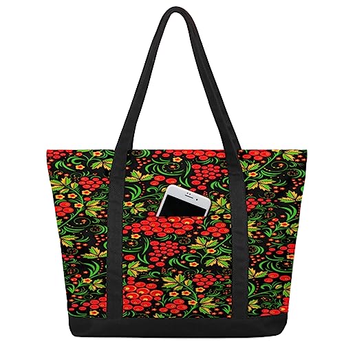 bisibuy Red Berries Tote Bag Tote Bag for Women Reusable Grocery Shopping Cloth Bags with Zipper Large Capacity Foldable Handbag Gym Bag for Gift Activity