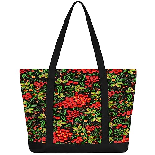 bisibuy Red Berries Tote Bag Tote Bag for Women Reusable Grocery Shopping Cloth Bags with Zipper Large Capacity Foldable Handbag Gym Bag for Gift Activity