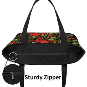 bisibuy Red Berries Tote Bag Tote Bag for Women Reusable Grocery Shopping Cloth Bags with Zipper Large Capacity Foldable Handbag Gym Bag for Gift Activity