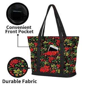 bisibuy Red Berries Tote Bag Tote Bag for Women Reusable Grocery Shopping Cloth Bags with Zipper Large Capacity Foldable Handbag Gym Bag for Gift Activity