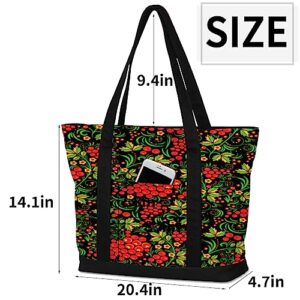 bisibuy Red Berries Tote Bag Tote Bag for Women Reusable Grocery Shopping Cloth Bags with Zipper Large Capacity Foldable Handbag Gym Bag for Gift Activity