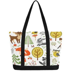 bisibuy Cute Animals Mushrooms Berries Tote Bag Tote Bag for Women Reusable Grocery Shopping Cloth Bags with Zipper Large Capacity Foldable Handbag Gym Bag for Gift Activity