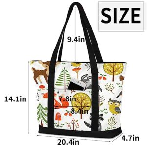 bisibuy Cute Animals Mushrooms Berries Tote Bag Tote Bag for Women Reusable Grocery Shopping Cloth Bags with Zipper Large Capacity Foldable Handbag Gym Bag for Gift Activity