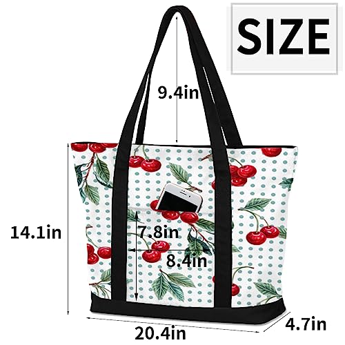 bisibuy Cherry Berries Tote Bag Tote Bag for Women Reusable Grocery Shopping Cloth Bags with Zipper Large Capacity Foldable Handbag Gym Bag for Gift Activity