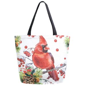 ZzWwR Cardinal Birds on Fir Branch Berry Christmas Extra Large Canvas Shoulder Tote Top Handle Storage Bag for Gym Weekender Beach Travel Reusable Grocery Shopping