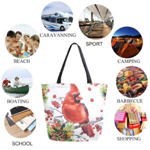 ZzWwR Cardinal Birds on Fir Branch Berry Christmas Extra Large Canvas Shoulder Tote Top Handle Storage Bag for Gym Weekender Beach Travel Reusable Grocery Shopping