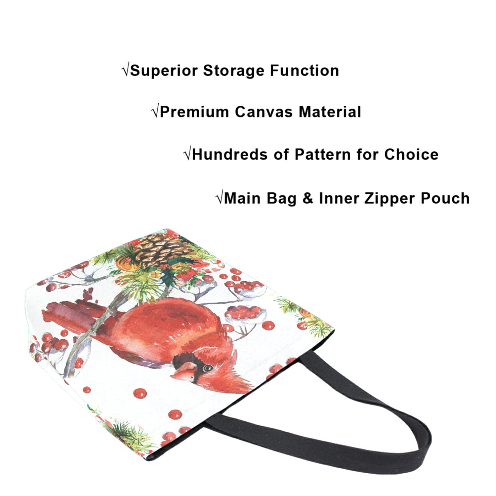 ZzWwR Cardinal Birds on Fir Branch Berry Christmas Extra Large Canvas Shoulder Tote Top Handle Storage Bag for Gym Weekender Beach Travel Reusable Grocery Shopping