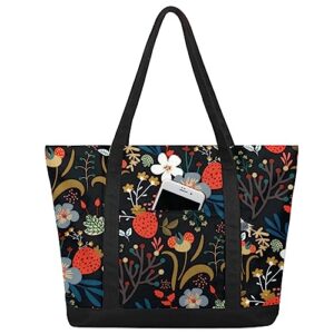 bisibuy floral flowers leaves berries tote bag tote bag for women reusable grocery shopping cloth bags with zipper large capacity foldable handbag gym bag for gift activity