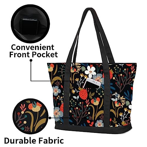 bisibuy Floral Flowers Leaves Berries Tote Bag Tote Bag for Women Reusable Grocery Shopping Cloth Bags with Zipper Large Capacity Foldable Handbag Gym Bag for Gift Activity