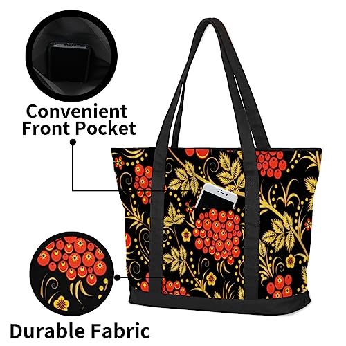 bisibuy Holly And Berry Tote Bag Tote Bag for Women Reusable Grocery Shopping Cloth Bags with Zipper Large Capacity Foldable Handbag Gym Bag for Gift Activity